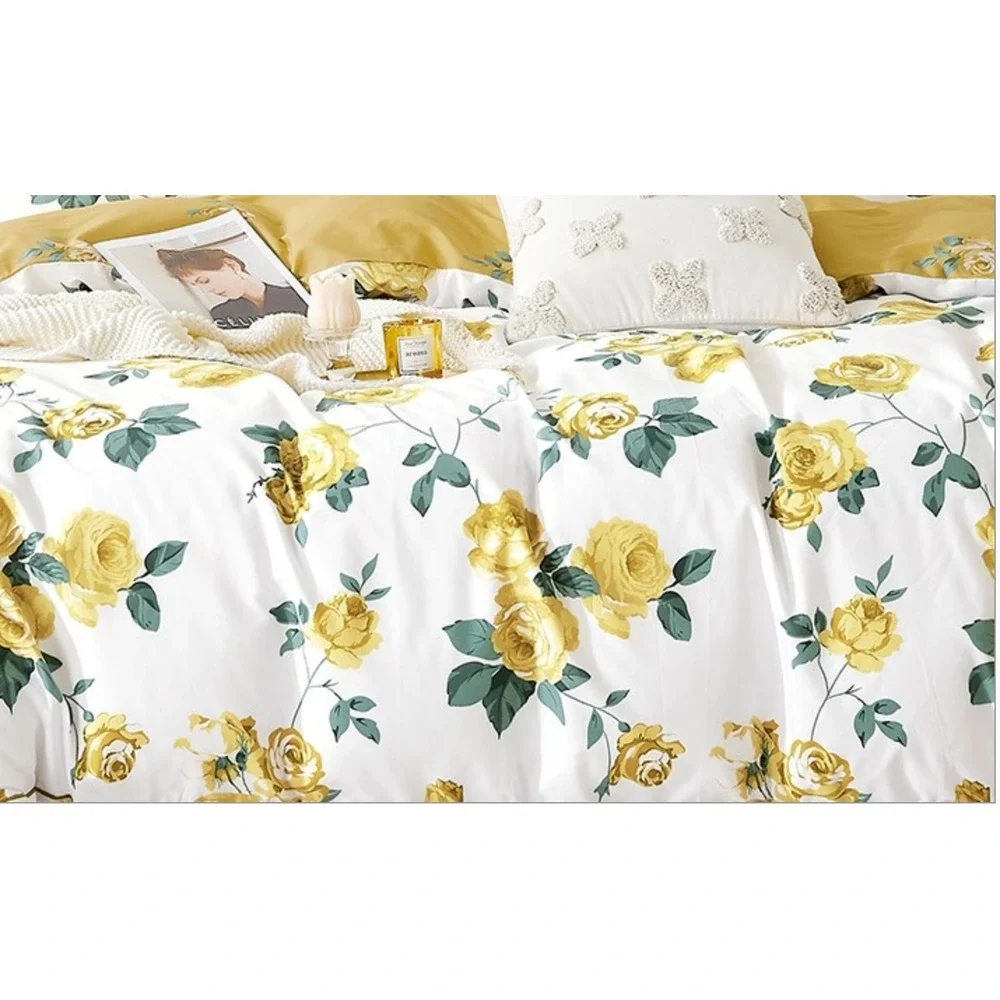 Anastasia Yellow Rose 100% Cotton Reversible Duvet Cover Set Queen/Full‎